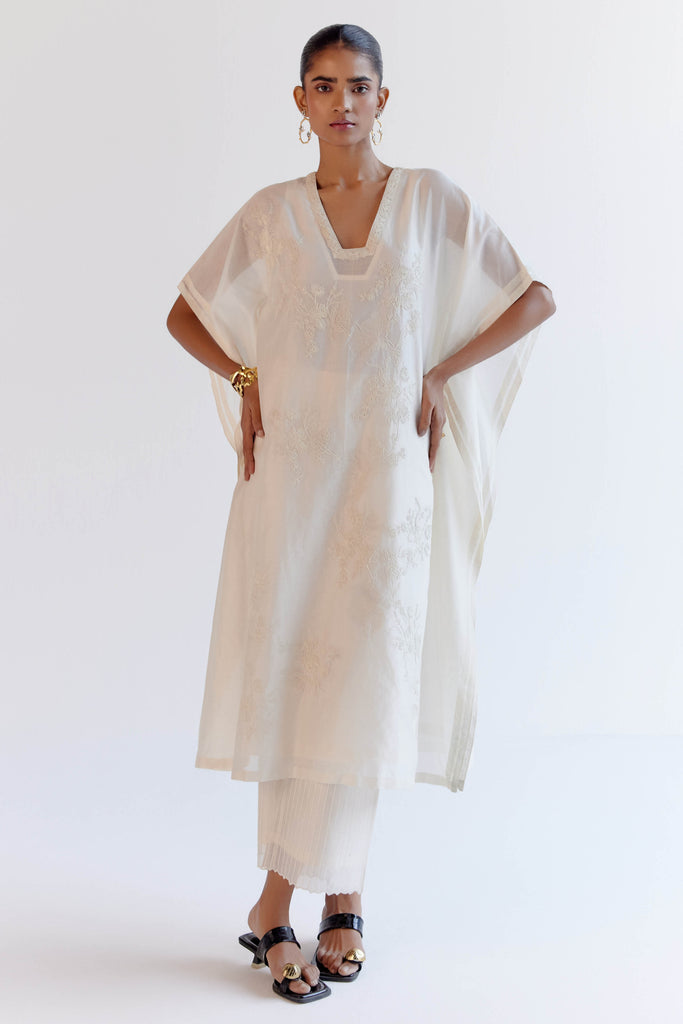Ivory Chanderi Kaftan Set with Resham Embroidery