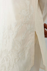 Ivory Floral Embroidered Chanderi Short Kurta Set