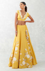 Mango Yellow Embroidered Cotton Silk Satin Lehenga Set