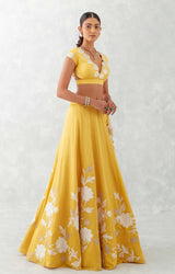 Mango Yellow Embroidered Cotton Silk Satin Lehenga Set