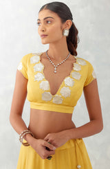 Mango Yellow Embroidered Cotton Silk Satin Lehenga Set