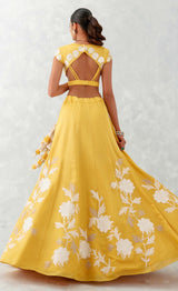 Mango Yellow Embroidered Cotton Silk Satin Lehenga Set