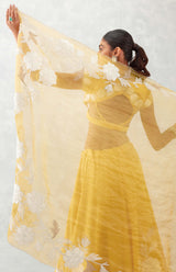 Mango Yellow Embroidered Cotton Silk Satin Lehenga Set
