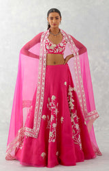 Fuchsia Pink Embroidered Silk Organza Lehenga Set