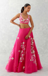 Fuchsia Pink Embroidered Silk Organza Lehenga Set