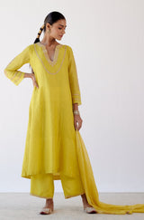 Yellow Block Print Embroidered Kurta Set