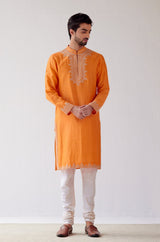 Orange Embroidered Chanderi Kurta Set