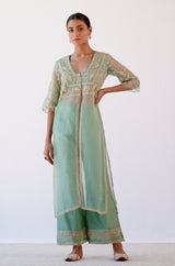 Sage Green Slit Silk Organza Kurta Set
