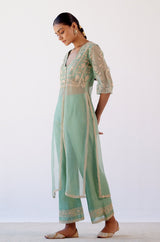 Sage Green Slit Silk Organza Kurta Set
