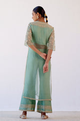Sage Green Slit Silk Organza Kurta Set