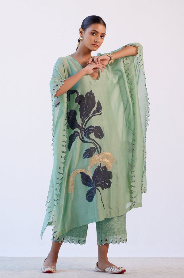 Green Hand-Painted Chanderi Kaftan Set