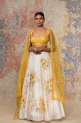 Mustard Silk Chanderi Hand-Painted Lehenga Set