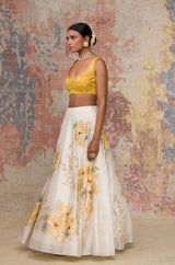 Mustard Silk Chanderi Hand-Painted Lehenga Set
