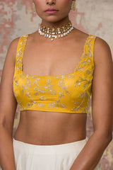 Mustard Silk Chanderi Hand-Painted Lehenga Set