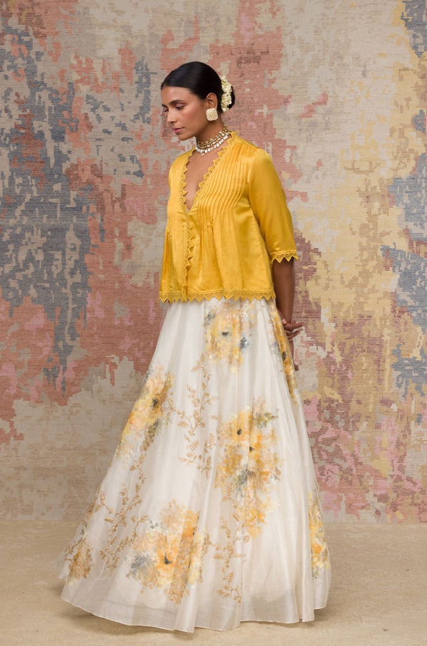 Ivory and Yellow Hand-Painted Skirt with Top
