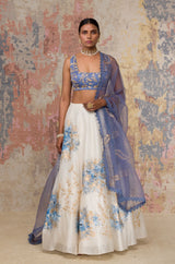 Ivory Blue Silk Chanderi Hand-Painted Lehenga Set