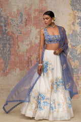 Ivory Blue Silk Chanderi Hand-Painted Lehenga Set