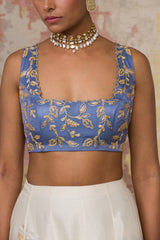 Ivory Blue Silk Chanderi Hand-Painted Lehenga Set