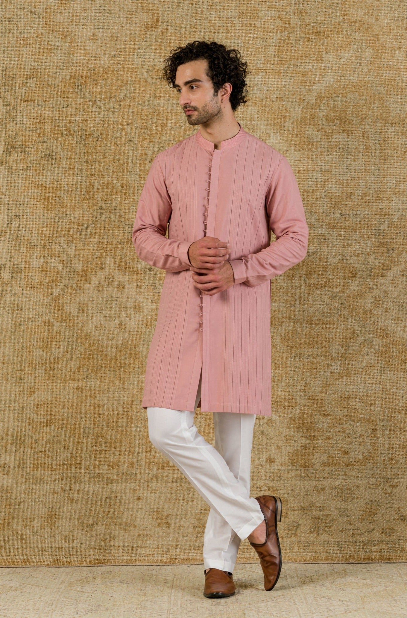 Devnaagri -Rose Pink Pin Tuck Shirt Kurta Set1