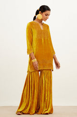 Mrunal Thakur in Mustard Zari Embroidered Velvet Sharara Set
