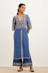 Blue Slit Silk Organza Kurta Set