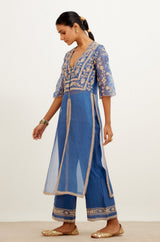 Blue Slit Silk Organza Kurta Set