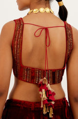 Maroon Zari Embroidered Velvet Lehenga Set