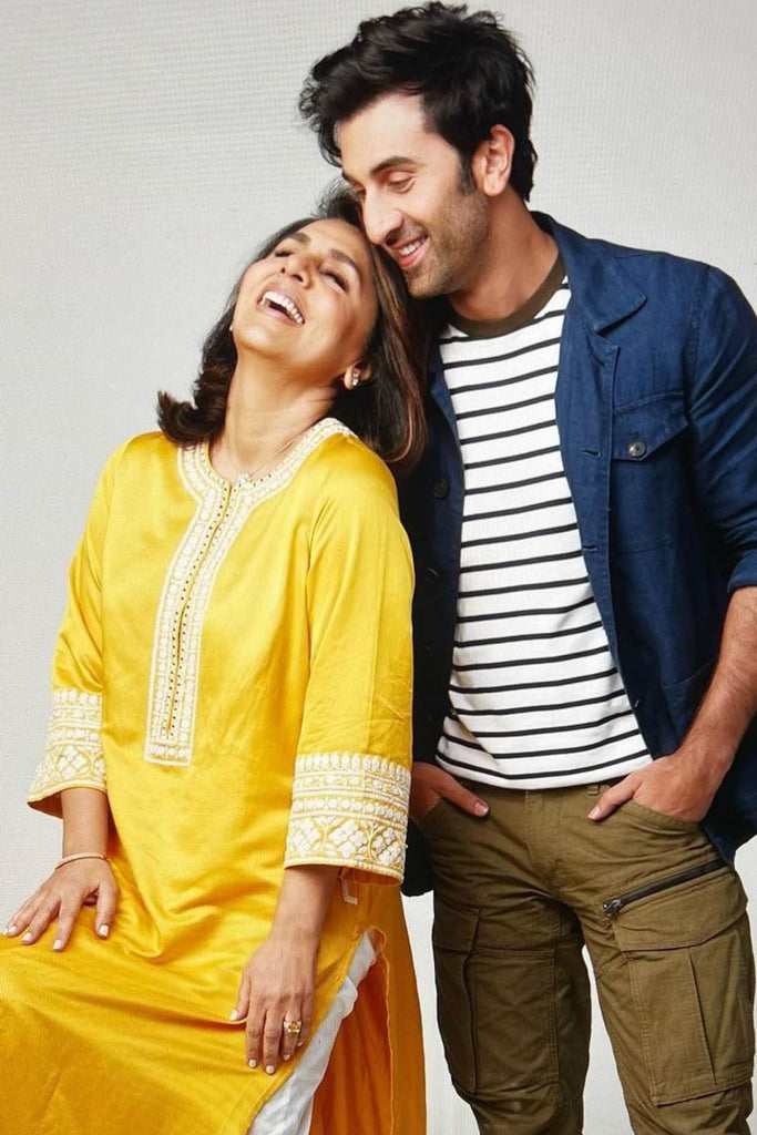 Neetu Kapoor in Mustard Cotton Silk Satin Embroidered Kurta Set