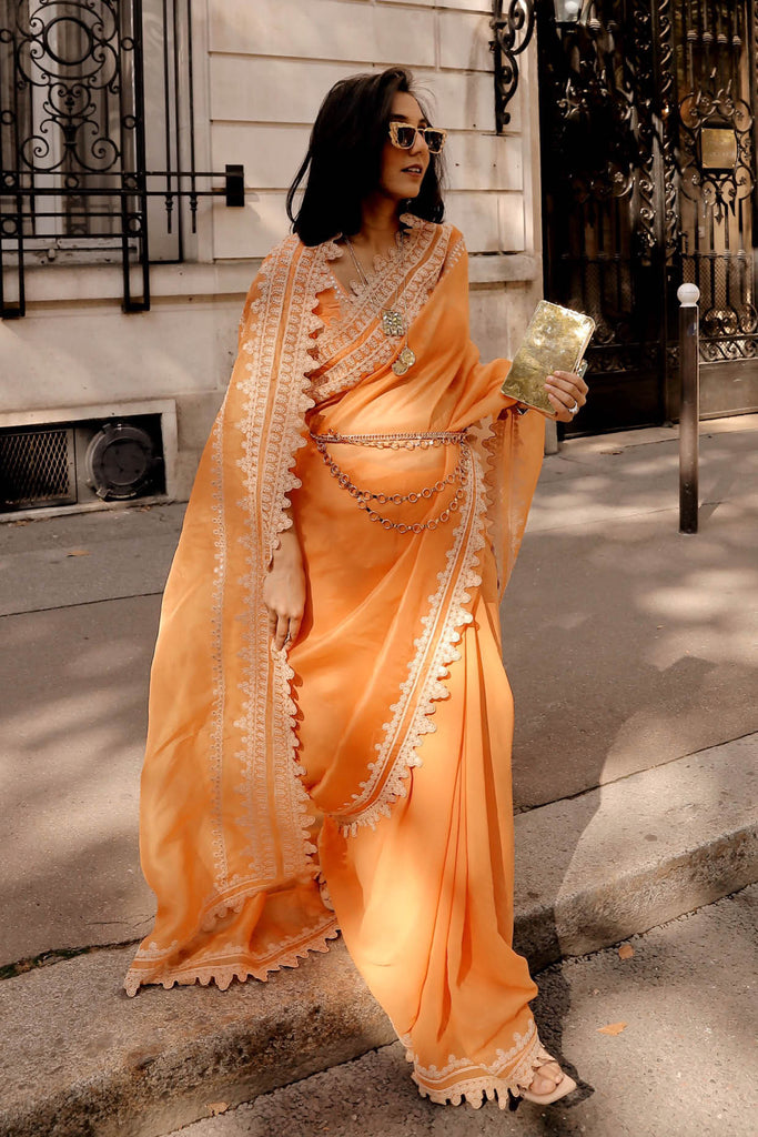 Masoom Minawala in Orange Embroidered Georgette Organza Saree