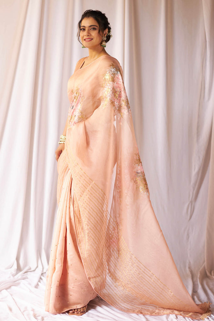 Kajol Devgan in Blush Pink Hand-Painted Organza Saree