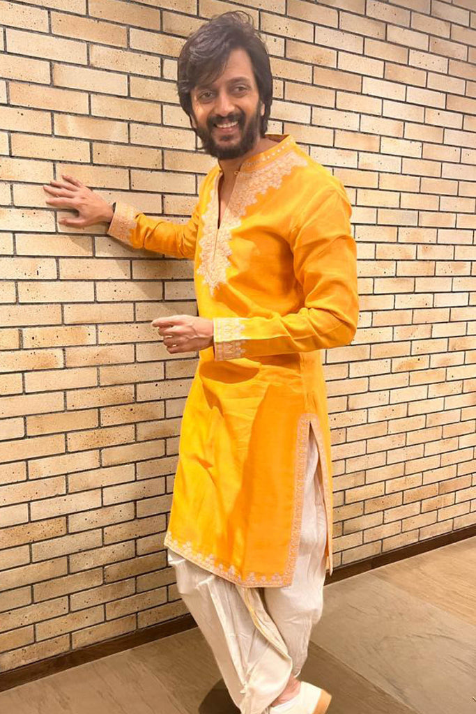 Riteish Deshmukh in Orange Embroidered Chanderi Kurta Set