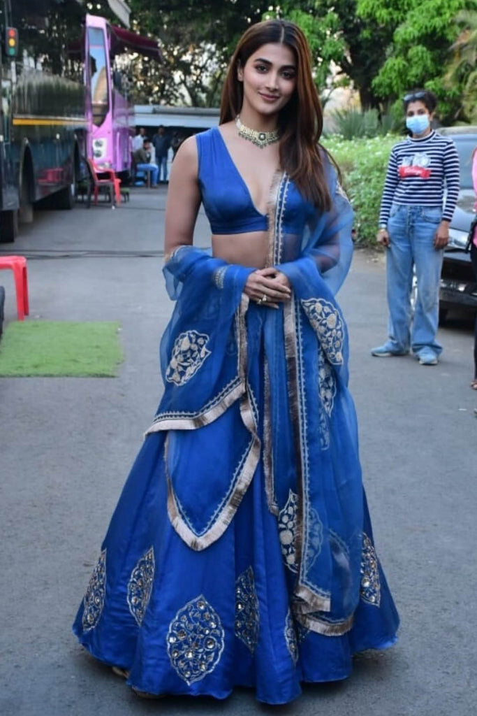 Pooja Hegde in Blue Dori Embroidered Cotton Silk Lehenga