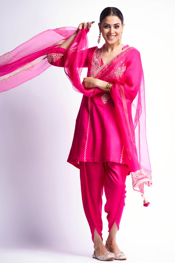 Genelia Deshmukh in Fuchsia Dori Embroidered Dhoti Set