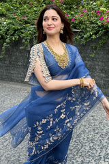 Tamannaah Bhatia in Blue Embroidered Organza Saree