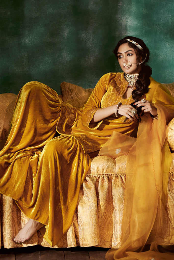 Mrunal Thakur in Mustard Zari Embroidered Velvet Sharara Set