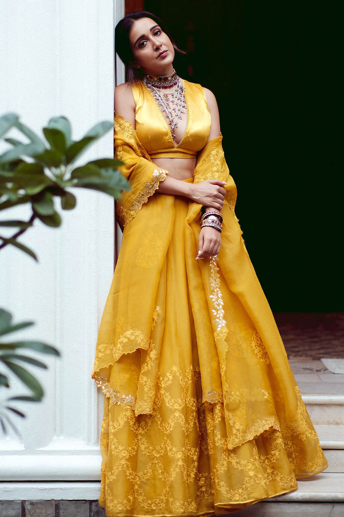 Sanjana Batra In Mustard Organza Lehenga Set