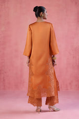 Orange Raw Silk Satin Dori Embroidered Kurta Set