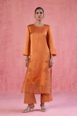 Orange Raw Silk Satin Dori Embroidered Kurta Set