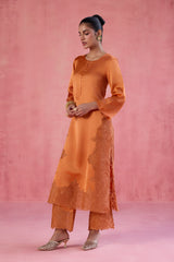 Orange Raw Silk Satin Dori Embroidered Kurta Set