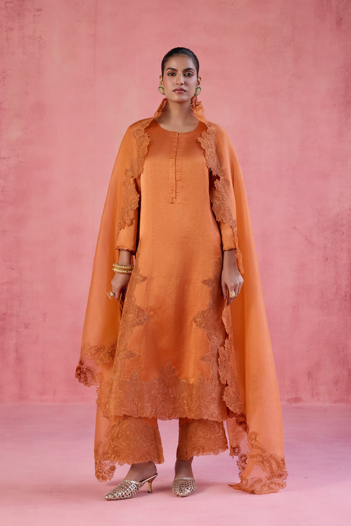 Orange Raw Silk Satin Dori Embroidered Kurta Set