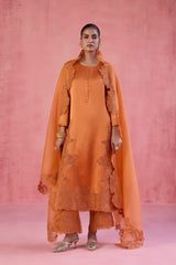 Orange Raw Silk Satin Dori Embroidered Kurta Set