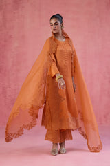 Orange Raw Silk Satin Dori Embroidered Kurta Set