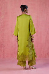 Green Raw Silk Satin Dori Embroidered Kurta Set
