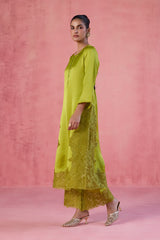 Green Raw Silk Satin Dori Embroidered Kurta Set