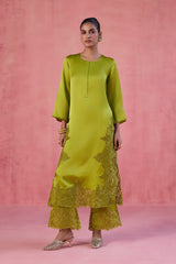 Green Raw Silk Satin Dori Embroidered Kurta Set