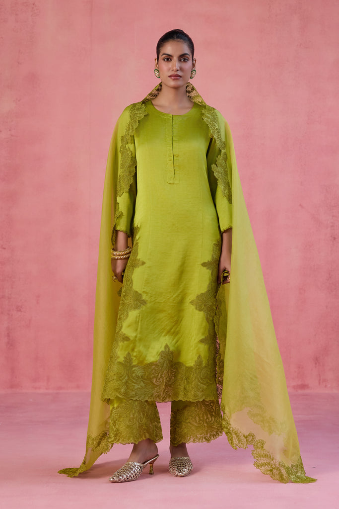 Green Raw Silk Satin Dori Embroidered Kurta Set