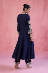 Navy Blue Cotton Silk Blend Embroidered Anarkali Set