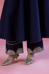 Navy Blue Cotton Silk Blend Embroidered Anarkali Set
