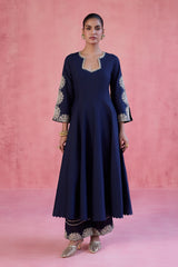 Navy Blue Cotton Silk Blend Embroidered Anarkali Set