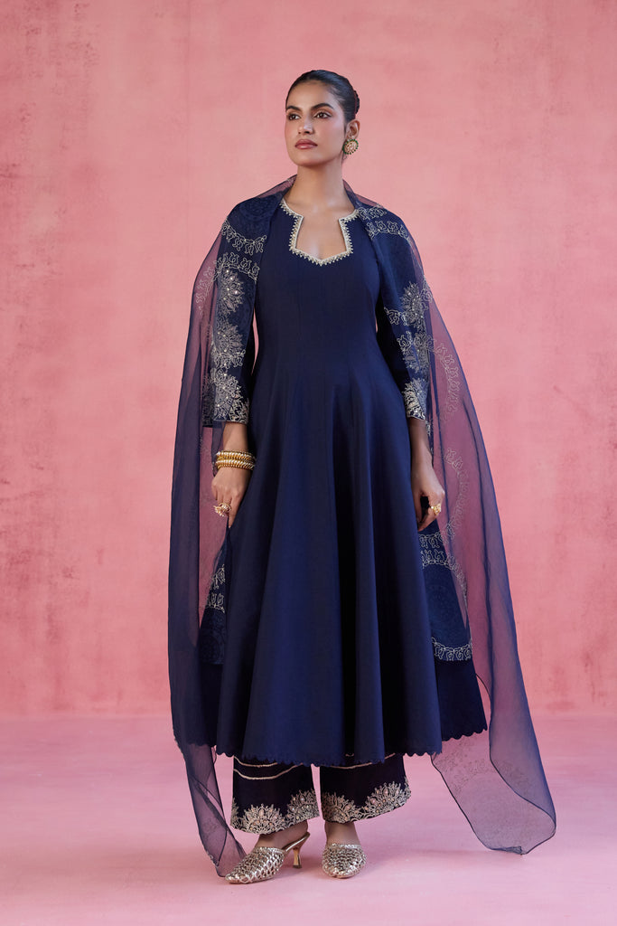 Navy Blue Cotton Silk Blend Embroidered Anarkali Set